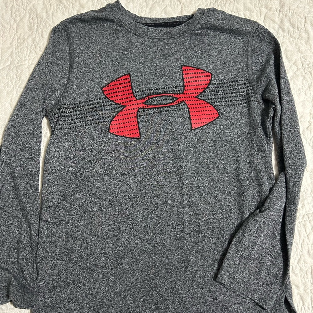 Under Armour Kids Heather Gray Long Sleeve Tee with Red Logo
